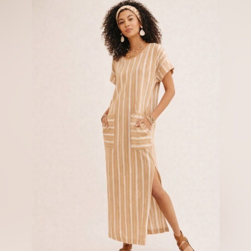 Free People FP Beach Marguerite Striped Maxi Dress Pockets Yellow Cream Size XS